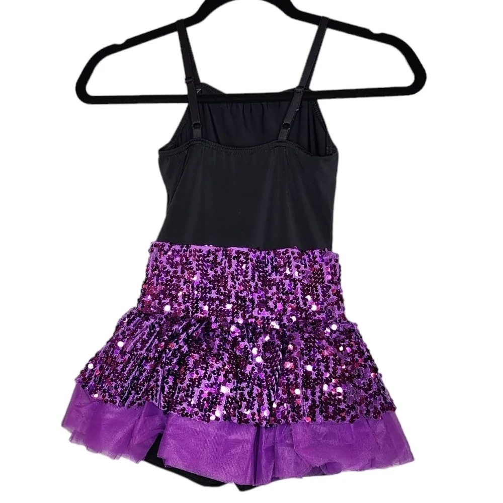 Weissman kids dance costume. Black‎ purple sequin. Size MC (10/12)